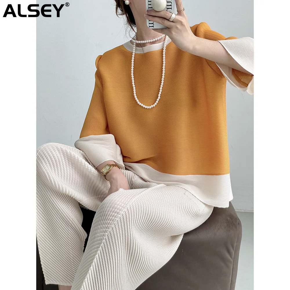 

ALSEY Miyake Pleated Color Blocking Loose Slim T-shirt Female Summer New Plus Size Temperament Simple Elegant Lantern Sleeve Top