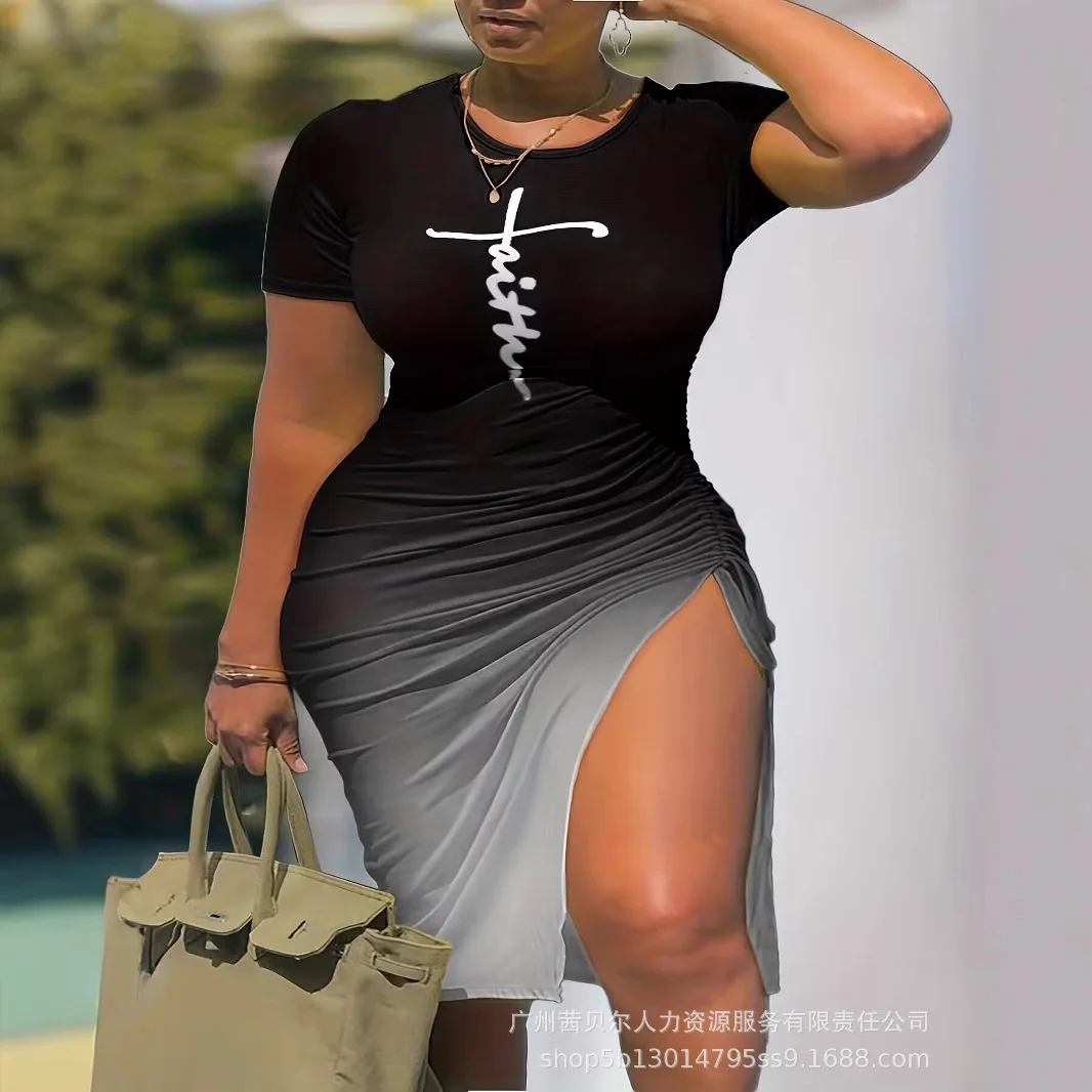 

Mid Length Dress Women Dresses Drawstring Sheath Vestidos Streetwear Y2k Bodycon Club Short Sleeve Elegant Splice Party Night