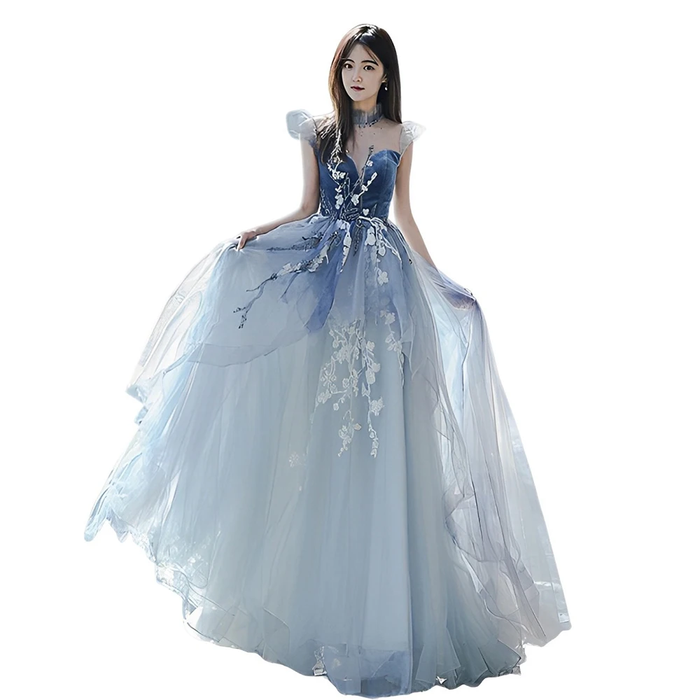 

Blue A-line Tulle Floor-Length Bridesmaid Dress Lace-up Back with Bow Custom-made Formal Party Dress for Women