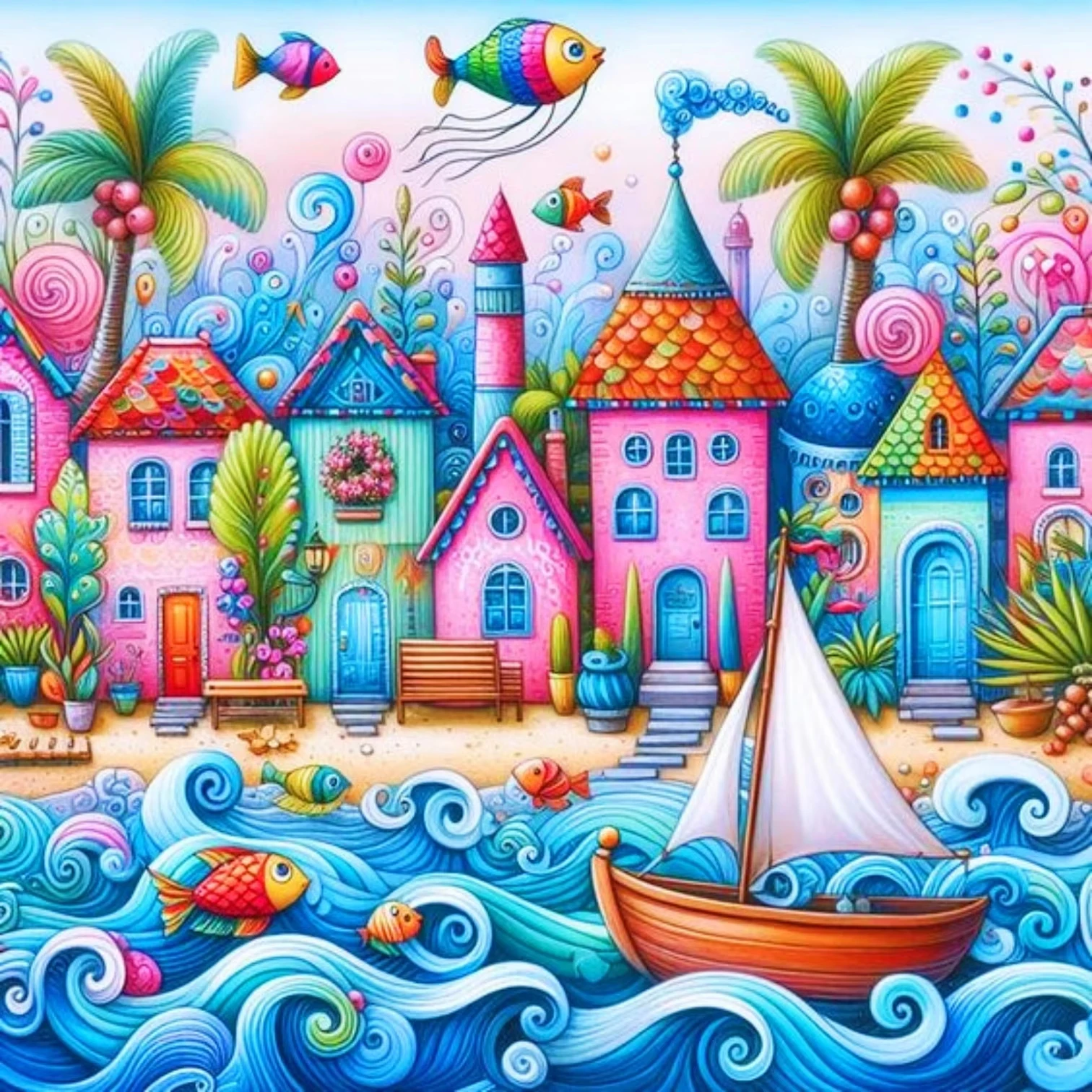 

Candy Color Cartoon Seaside Cottage Jigsaw Puzzle, Swirl Wave Tropical Fish Party Birthday Gift High Quality Perfect Home Decor
