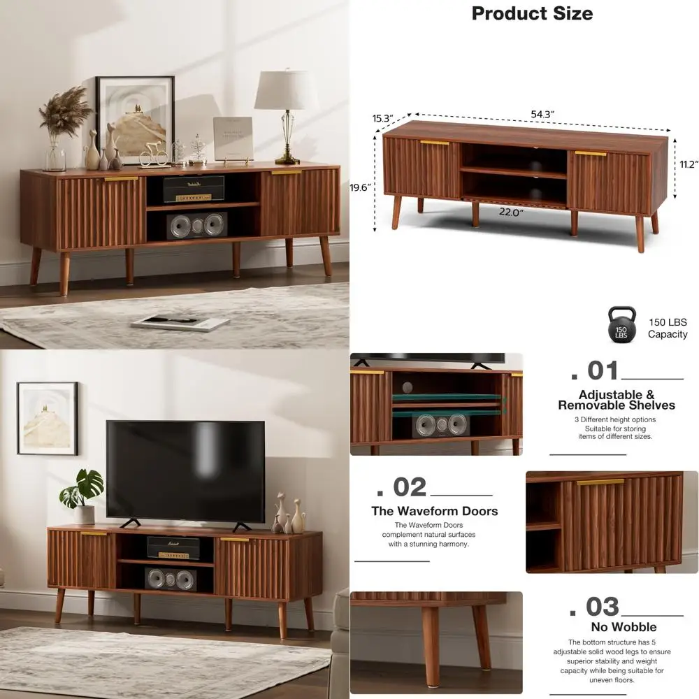 

Mid-Century Modern TV Stand for Living Room, Entertainment Center for 55-65 Inch TVs with Fluted Door Cabinets