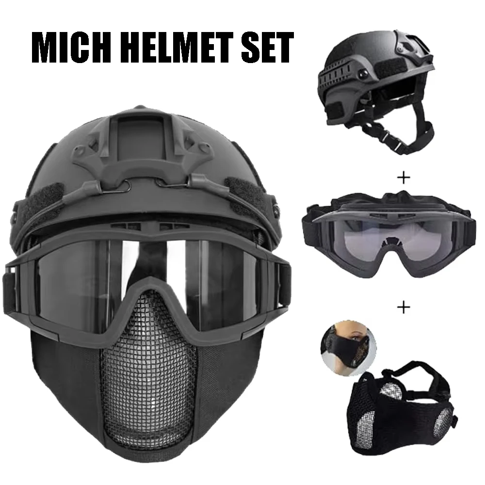 MICH Airsoft Helmet & Half Face Mesh Mask Set Tactical Helmet with Side Guide Rail Airsoft Goggles for Outdoor Paintball Hunting