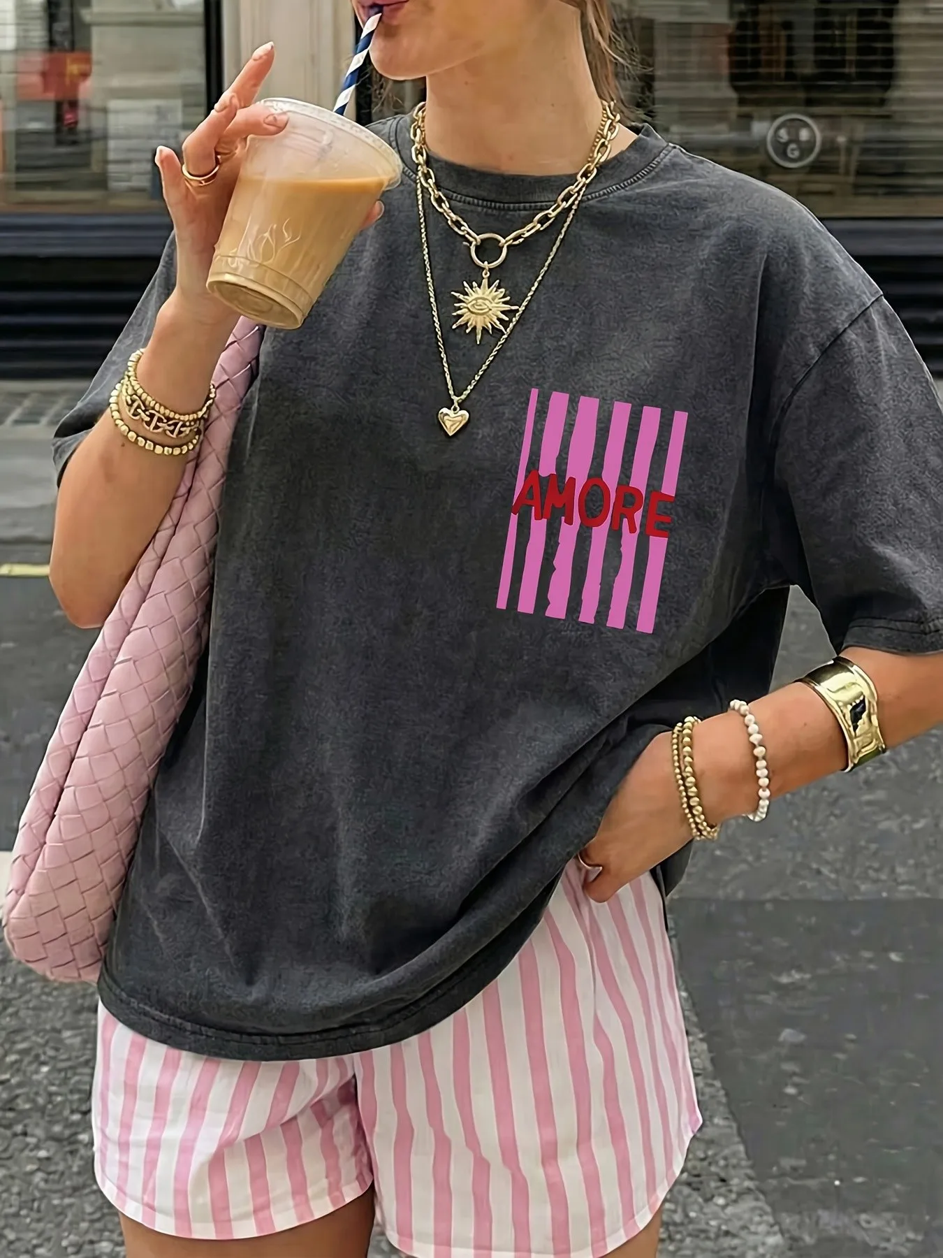Summer 2026 Fashionable Casual 3D Stripes and Letters Pattern Printed Women's Short Sleeve Short Pants Set