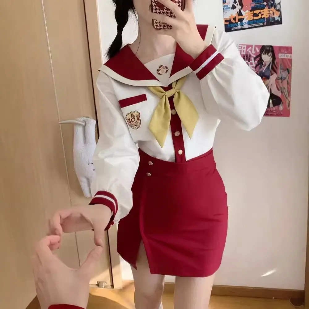 Red White JK Uniform Long Sleeve Japanese School Uniforms Girls Sailor Sets Pleated Skirt JK Uniform Cos School Skirt