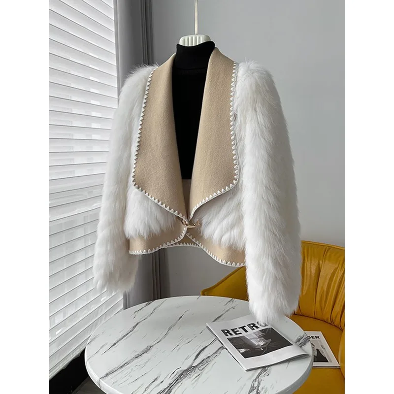 

Осень/зима 2022, новый стиль, синтетический искусственный лисьий мех, короткий твидовый меховой воротник с двойной подкладкой, модный пуловер