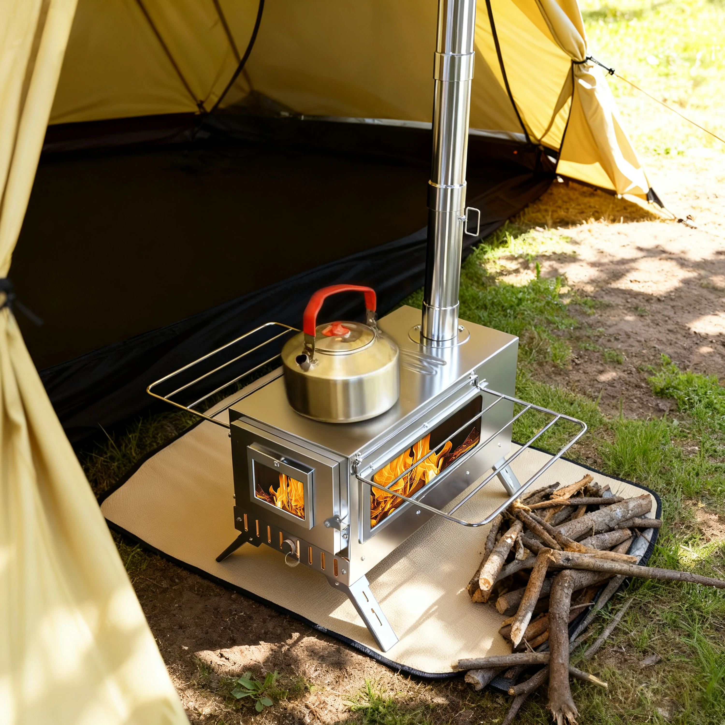 Portable Wood Burning Stove with 7 Chimney Pipes, Outdoor Camping Heater for Tent & Backyard Winter Warmth Fire Pit