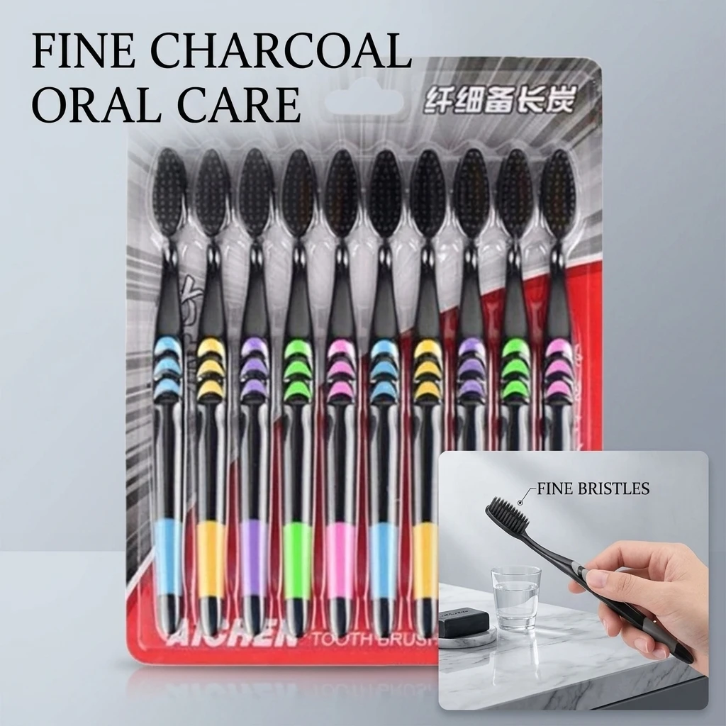 10 Pcs Family Pack Toothbrush, Bamboo Charcoal Soft Bristles Toothbrush, Travel Carry, Color Random