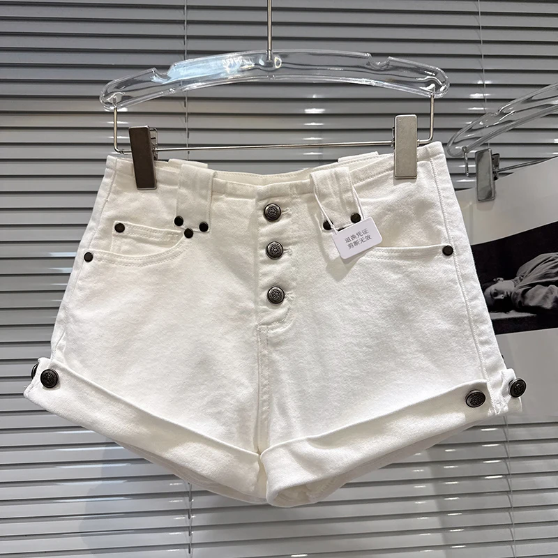 Fashion Spring Autumn Metal Rivet Buckle Denim Shorts Female High Waist Flip Up Pants Legs Zipper Solid Denim Shorts for Women