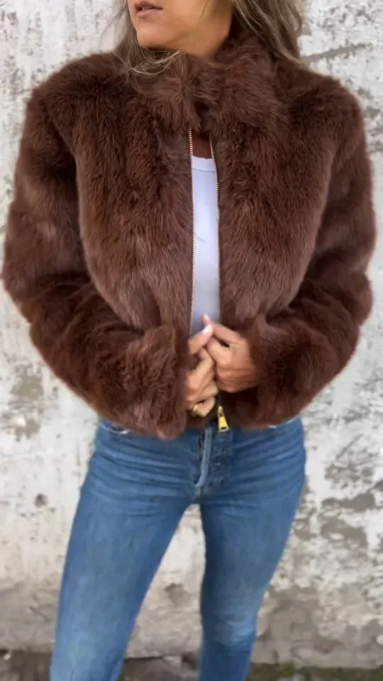 Damen Kunstpelzmäntel Dick Warm Maxi Stehkragen Kurzmantel Lässig Elegant Gespleißter Reißverschluss Herbst Winter Offener Schnitt 2026 – Detail 2