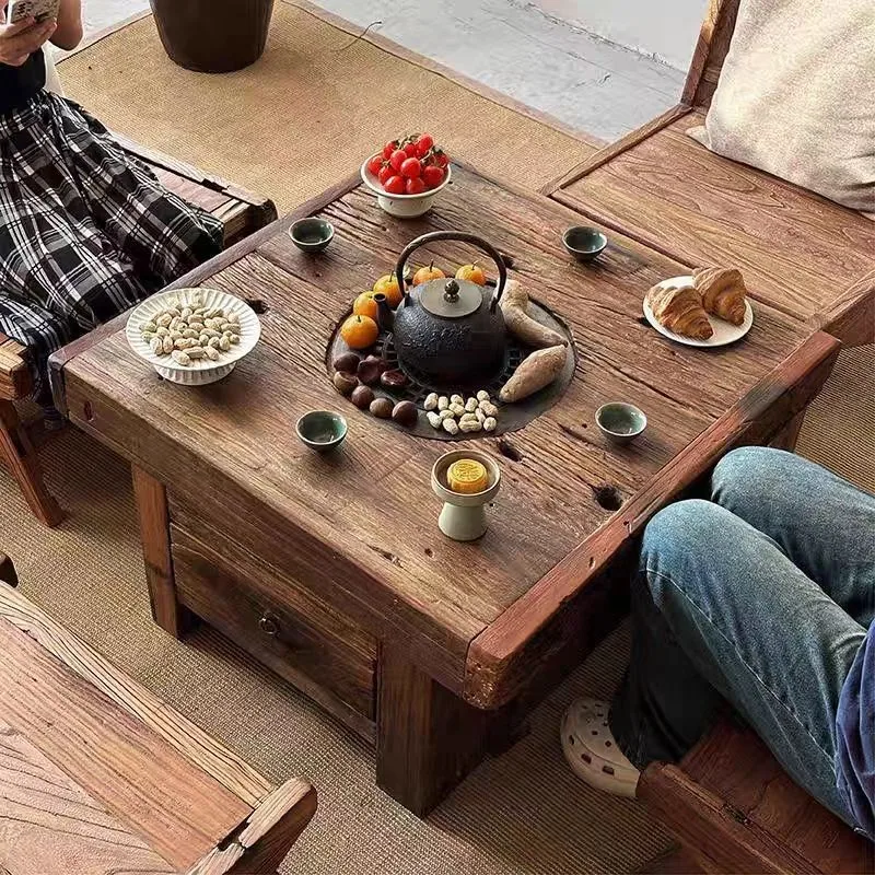 

Wabi wind enclosure tea table old elm retro tea outdoor courtyard barbecue courtyard roast fire drinking tea table