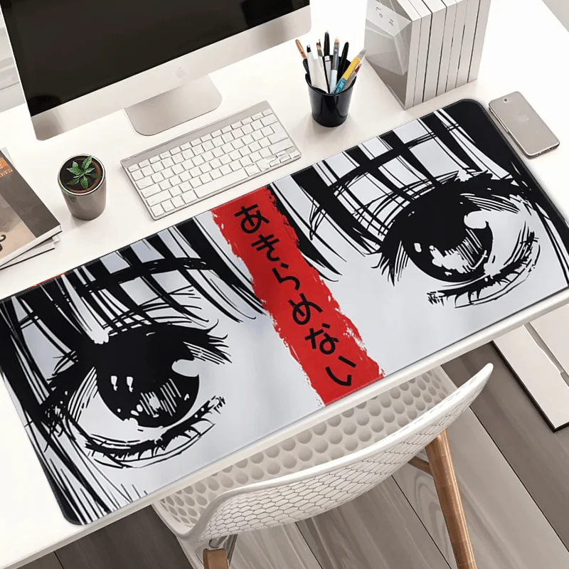 1pc Black & White Anime Eyes Gaming Mouse Pad, Non-Slip Office Desk Mat, Japanese Text Accent, Water-Resistant Keyboard Pad