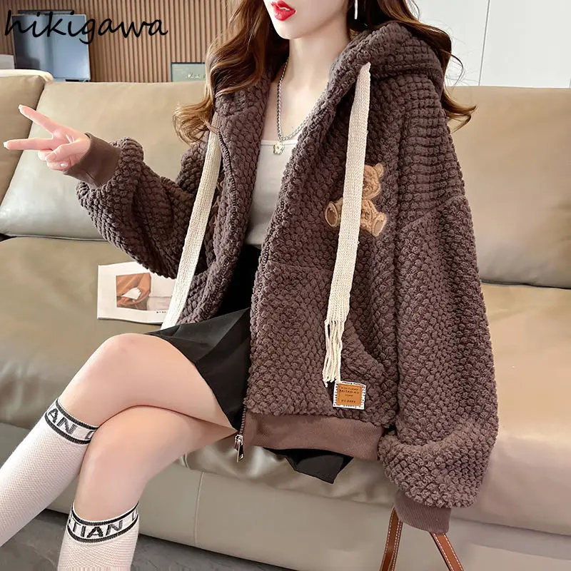 Lamb Fleece Coat for Women Winter Clothing Thicked Furry Outwear Cartoon Bear Fashion Casual Hooded Y2k Jackets Rops Mujer 2024