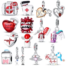 925 Sterling Silver Doctor&Nurse Hat&ECG&Bacteria&Pills&Medical Kit&Teeth Dangle Charm Fit Brand Bracelet Medical jewelry