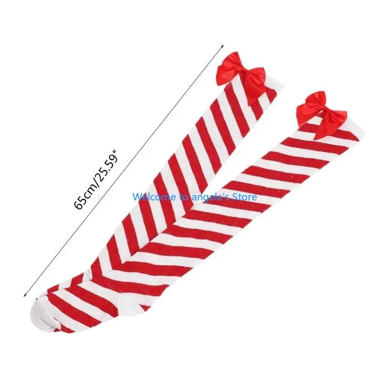 X4YC 女性カラフルなストライプオーバーニーロングソックス毛皮のようなトップ腿の高ストッキングクリスマスコスプレ衣装アクセサリー