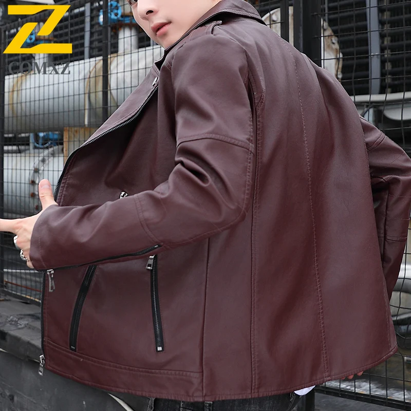 COMXZ رجل بولي Leather سترة جلدية جديدة فاخرة أنيقة دعوى طوق الدراجات معطف جلد العصرية ضئيلة يندبروف ربيع الخريف ملابس خارجية #5