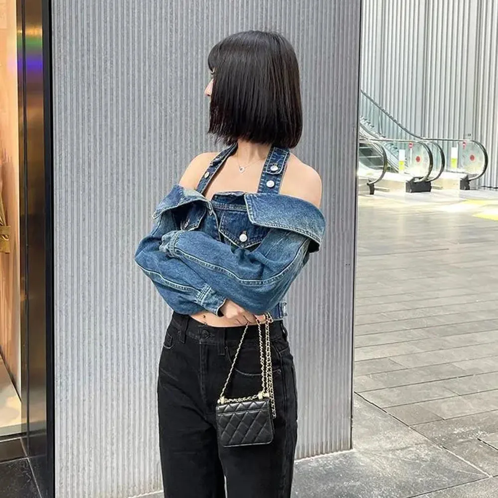 2024 Early Spring Temperament Denim Jacket Sexy Hot Girl Halter Shirts Tops Streetwear Long Sleeve Slim Jean Blouses Female Coat