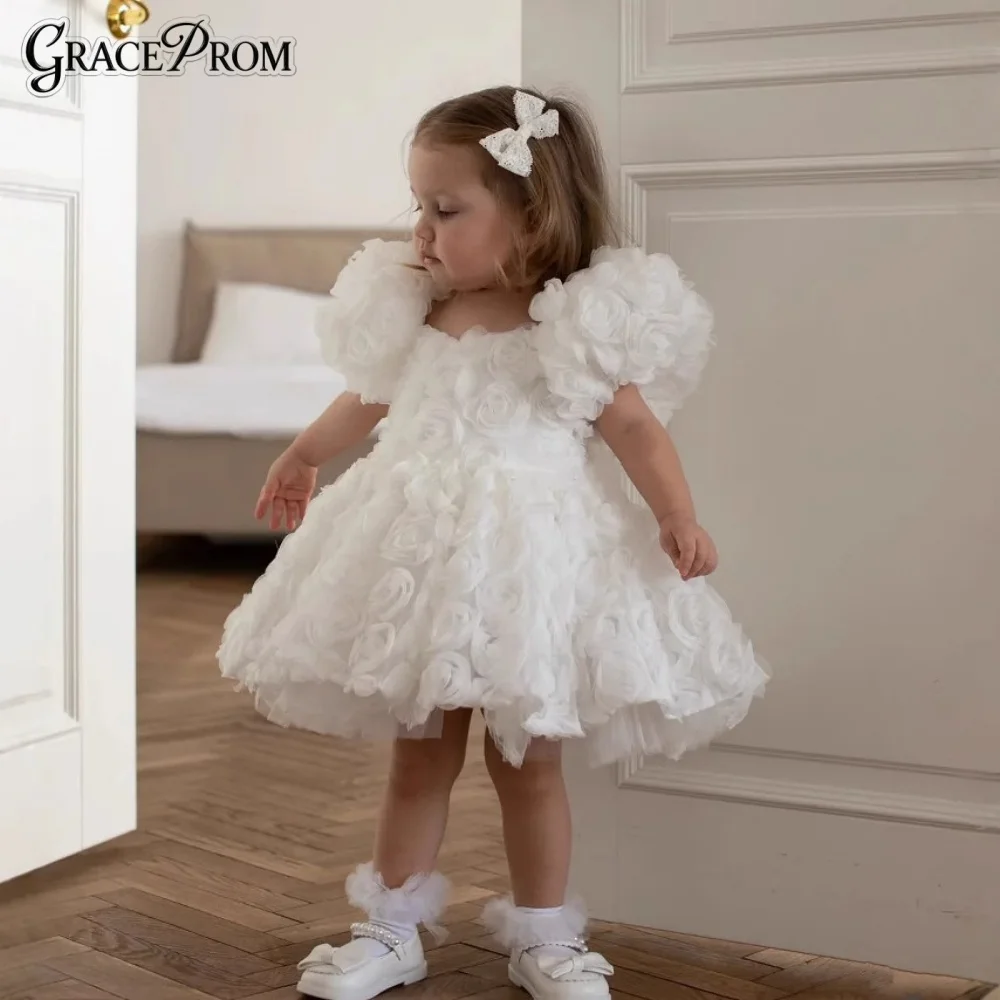 

Elegant White 3D Floral Rose Baby Girl Dress Puff Sleeve Toddler Wedding Birthday Princess Party Formal Gown with Bow Detail