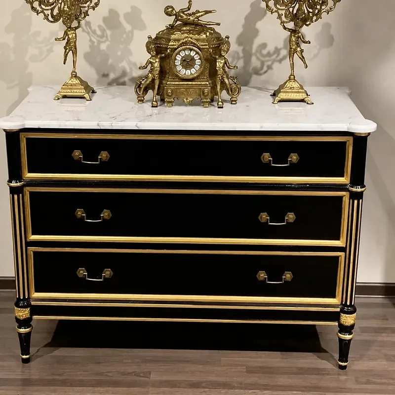 Neoclassical Solid Wood Black 3 Drawer Cabinet American Marble Top Entryway Console Storage Cabinet for Living Room Dining