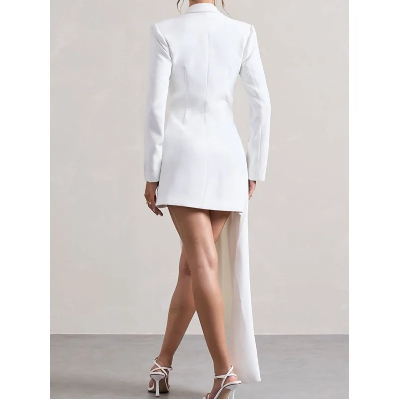 ブラック アシンメトリー ロングドレス レディース 2025 おしゃれ ノッチド 長袖 ボタンポケット ビジネス ワークウェア ミディドレス 177362