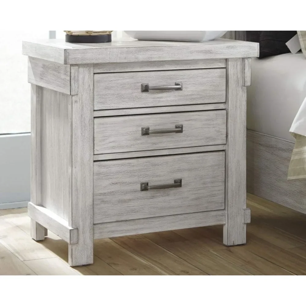 Farmhouse 3 Drawer Nightstand with Dovetail Construction, 2 Electrical Outlets & 2 USB Charging Ports, Textured White