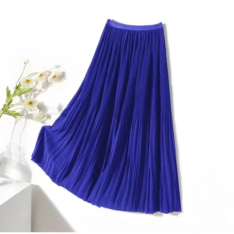 Pleated Skirt Women Spring Autumn Midi Long Skirt Casual Elastic Waist A-Line Black White All Match Party Skirts Solid Color