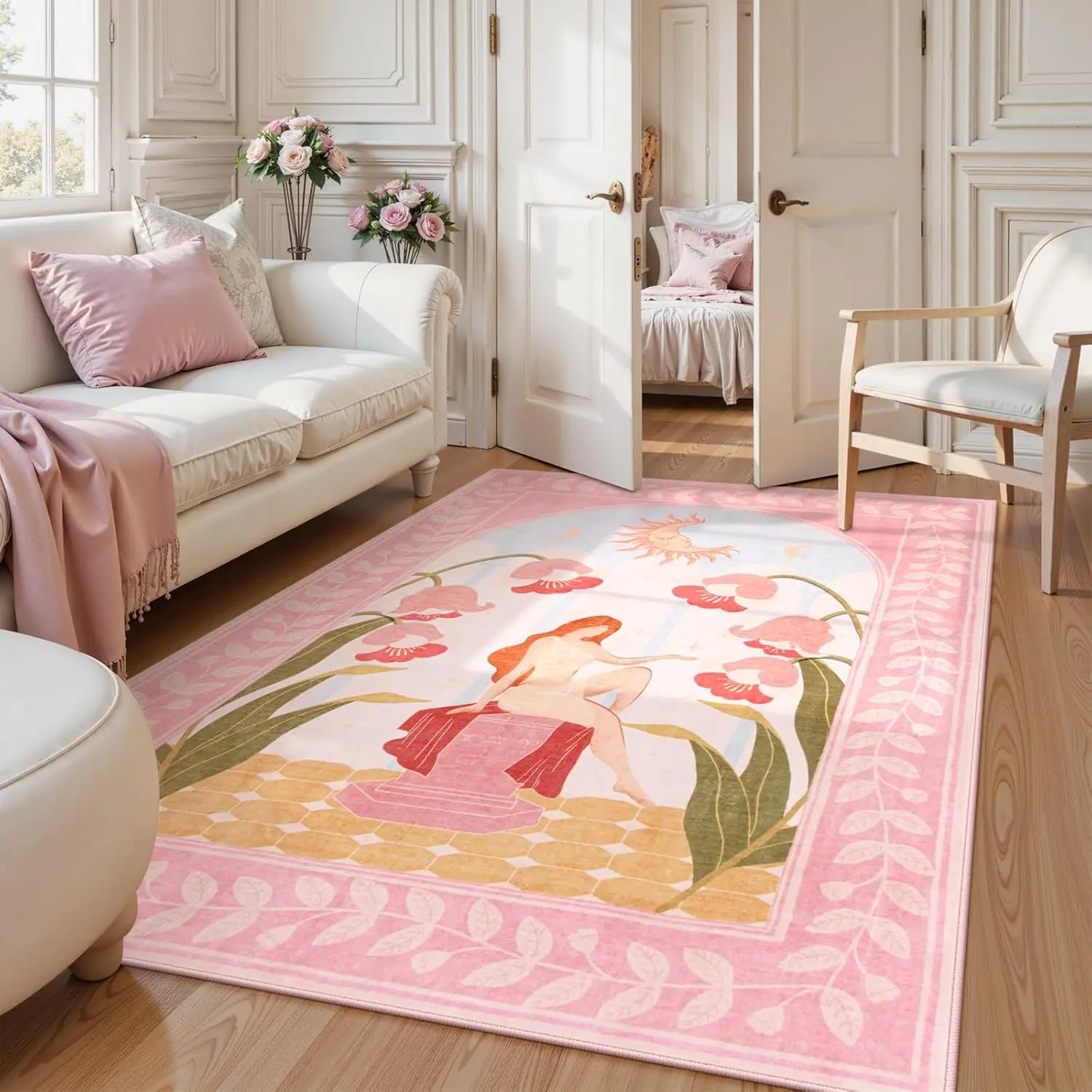 Pink Rugs for Bedroom Girls, Low Pile Soft Area Rugs for Bedroom Aesthetic, Non Slip Washable Rugs for Living Room, Non Slip