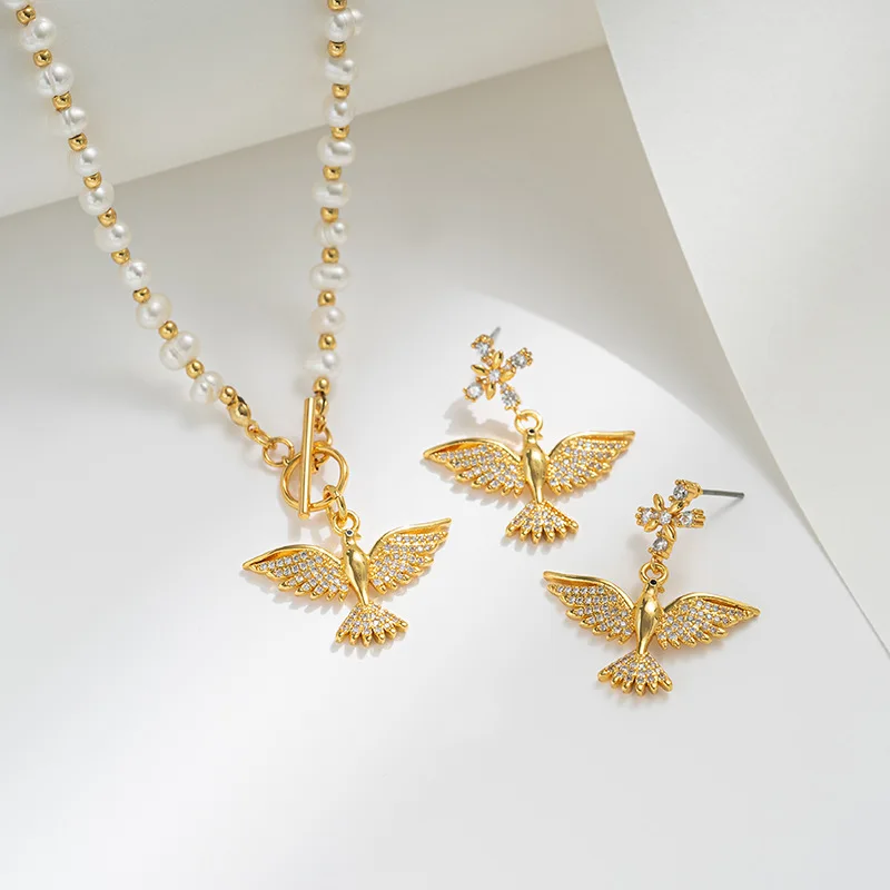 

Fashion Micro-inlaid Zircon Phoenix Charms Pendant OT Bar Fresh Water Breeding Pearl Chain Necklace Ins Style Exquisite Earrings