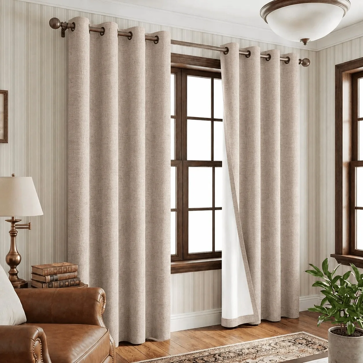 2 Panels 100% Blackout Linen Textured Curtains‑ Privacy‑Protective Extra‑Thick Solid Color Window Drapes with Premium Thermal Coating, Light Blocking & Energy‑Saving Heat Protection, Noise Reduction, Durable Grommet Top Design, Versatile Home Decor Curtai