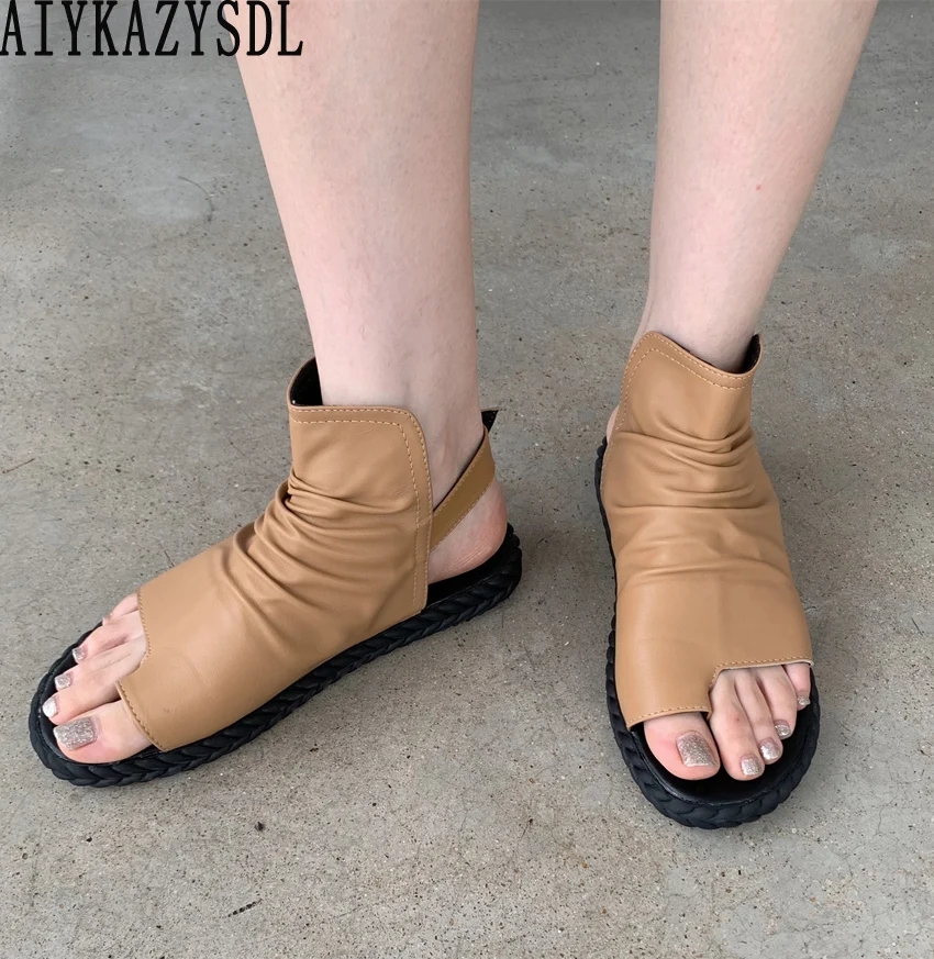 AIYKAZYSDL Casual Sprot Rome Gladiator Sandals Comfort Shoes Women Ring Toe Pleated Leather Back Strap Ankle Bootie Flat Heel