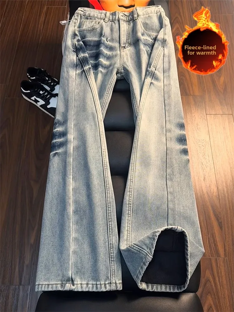 

Джинсы American Sle Thiened Fce на подкладке с ножом, мужские осенне-зимние прямые брюки, High Street Vibe Angle Cut