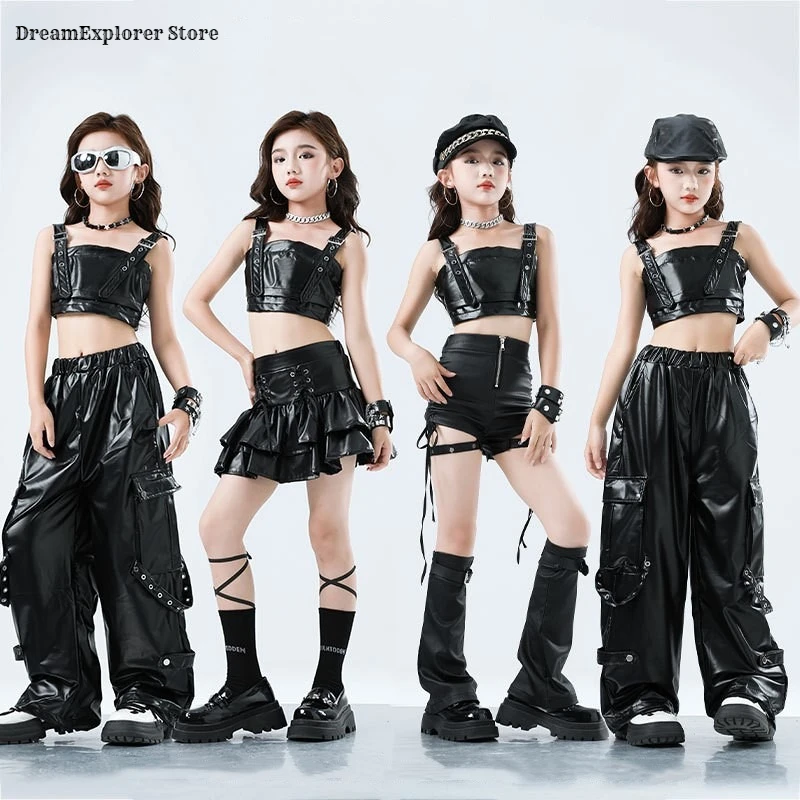 Girls Hip Hop Cool Shiny Crop Tank Top Skirts Dance Shorts Cargo Pants Kids Jazz Costumes Clothes Set Children K-pop Streetwear