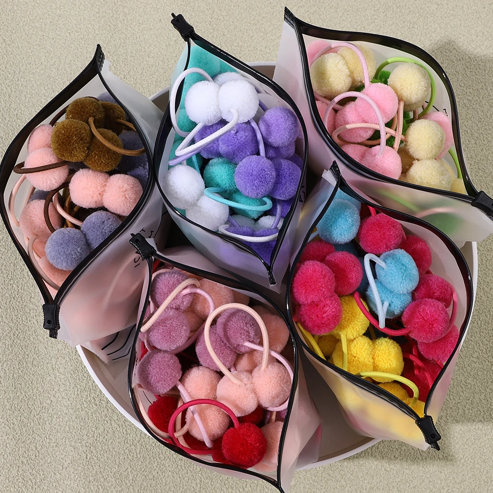 

12PCS/lot Hairball ponytail support headrope children's elastic rubber band sweet solid color hairtie kids boutique hairband
