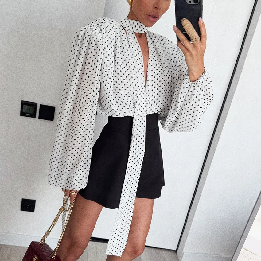 

Sexy Polka Dot Scarf Collar Blouse Woman Summer Street Chic Deep V-neck Lantern Sleeve Tops Autumn Casual Lady Shirt