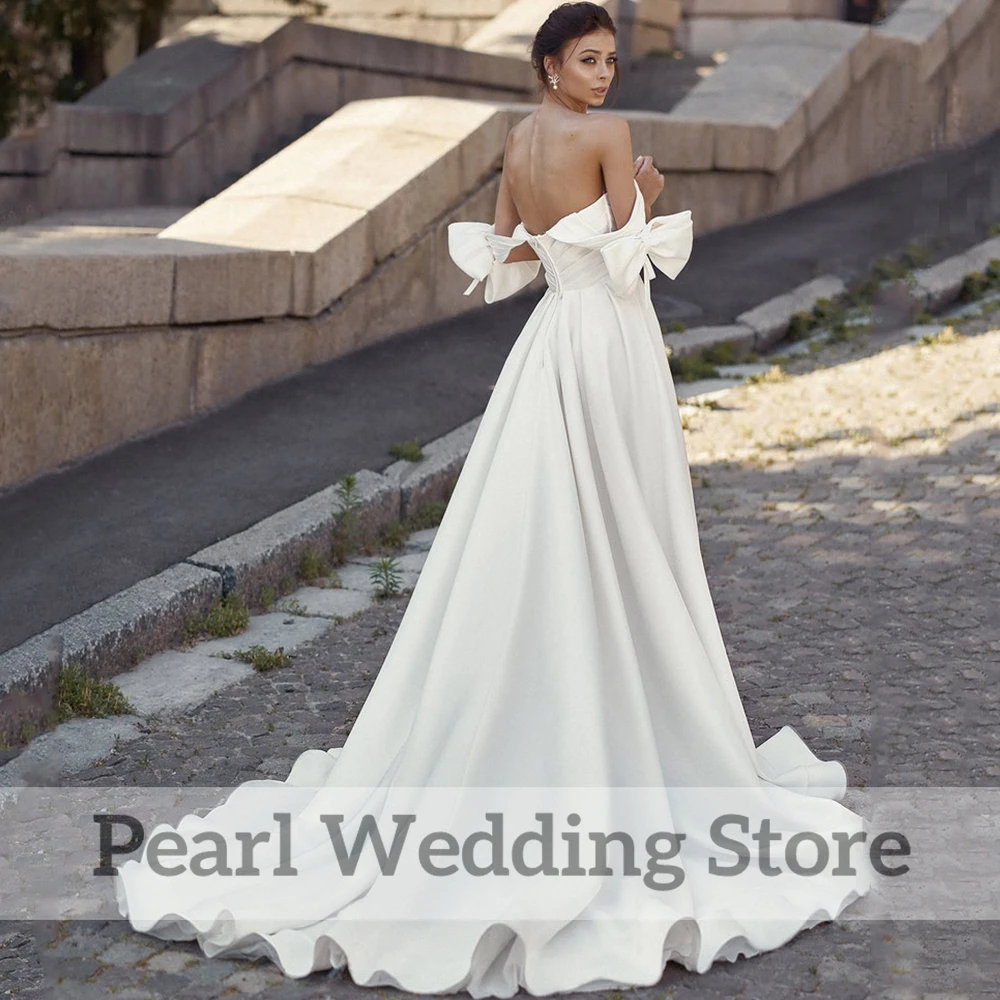 Sexy Off the Shoulder Bow suknia ślubna wysokie rozcięcie zakładka A-Line piętro długość suknie ślubne małżeństwo Backless Custom Bride Robe