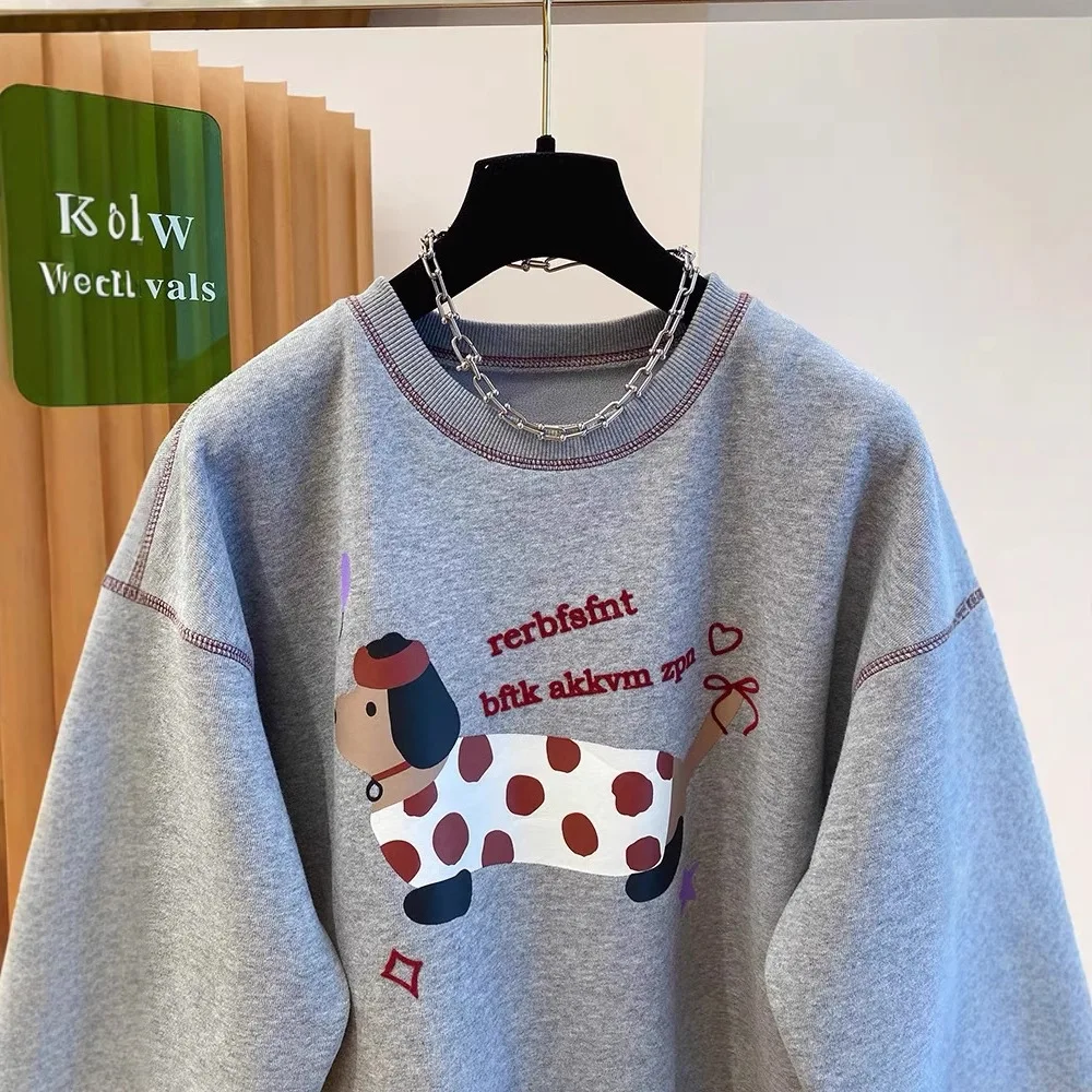Thick Cartoon Hoodie for Women 2024 Winter Round Neck Korean Version Loose Sausage Dog Sheep Camel Velvet Top Women's Hoodie