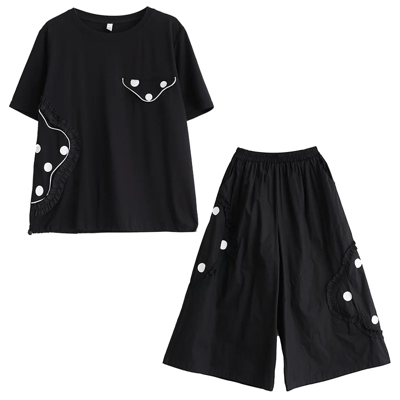 ゆったりとした花柄レースパッチワークファションプリントTシャツワイドレッグパンツツーピースセットサマーコットンブレンドレディースファションアンサンブル