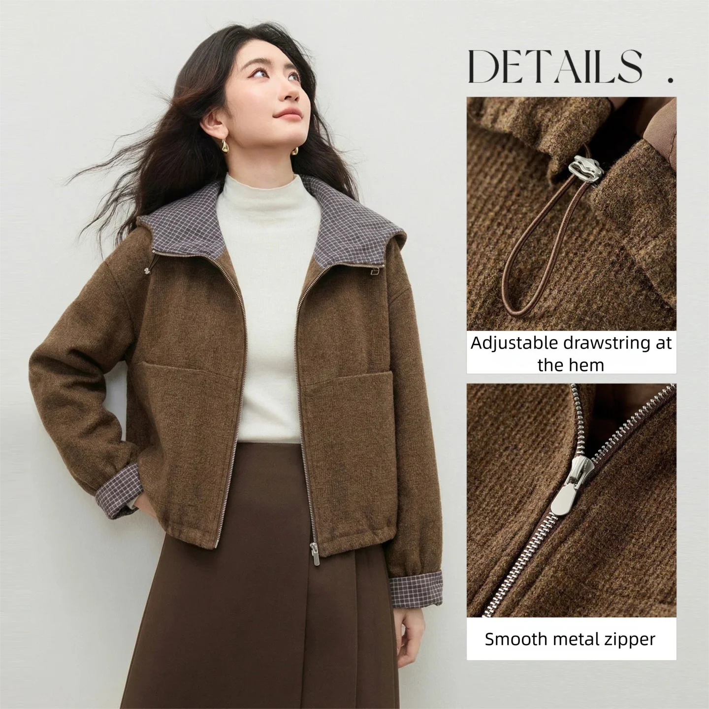 Parkas à capuche rétro SENTUBILA pour femmes 2025, manteaux en laine mélangée à carreaux contrastés, vêtements d'extérieur chauds d'hiver pour femmes W64MC6620