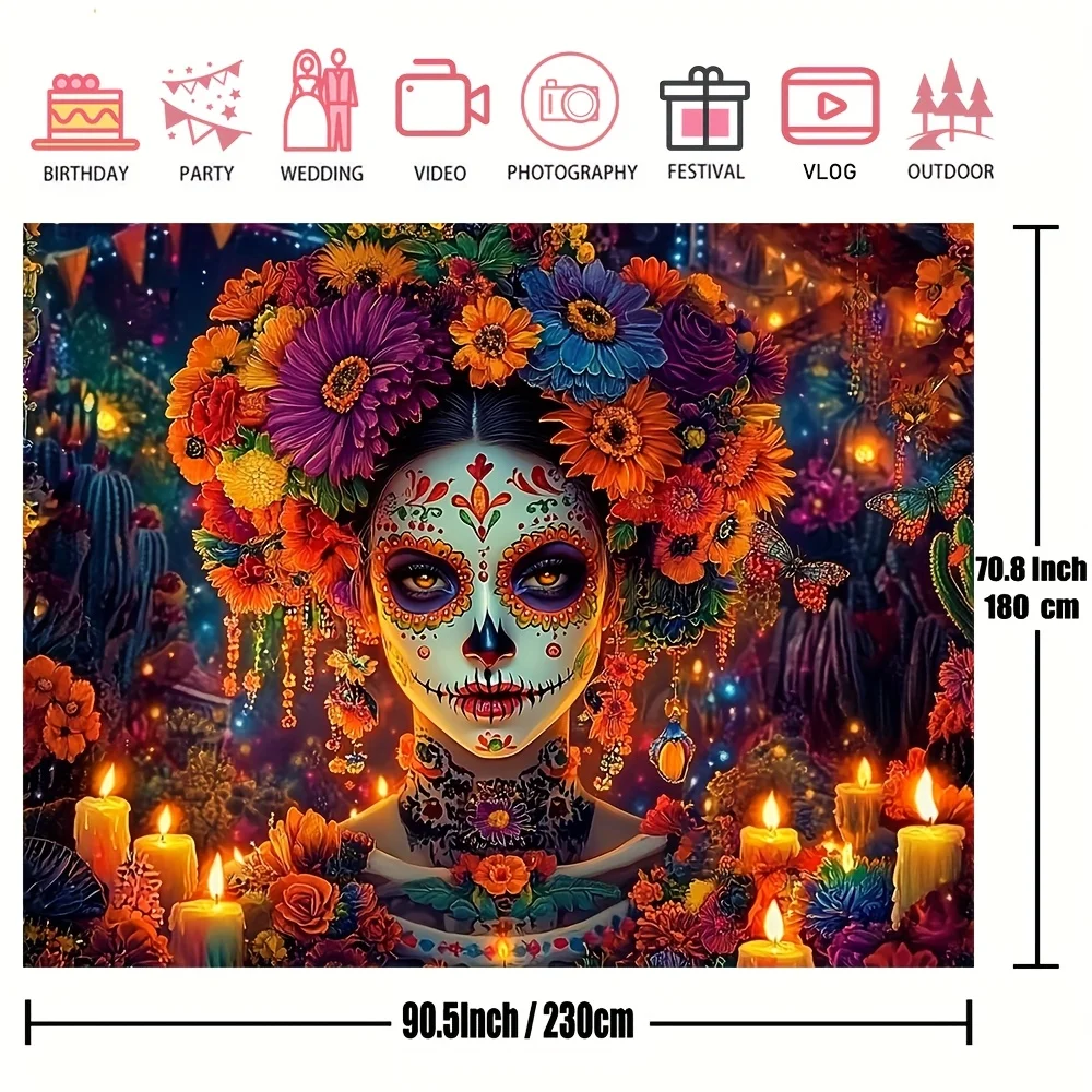 1 ديكور حائط يوم الموتى بألوان زاهية، مناسب لخلفيات حفلات العطلات المكسيكية، دعائم كشك الصور #3