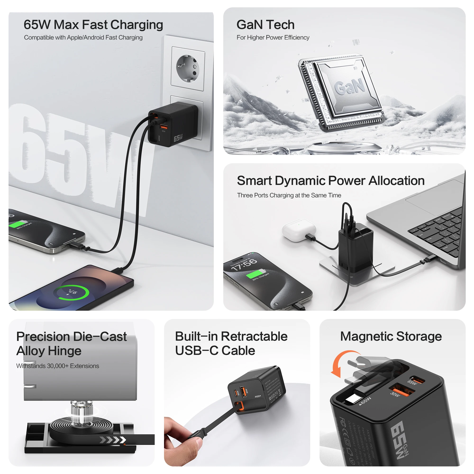 GaN Ladegerät PD65W Eingebautes ausziehbares USB-C-Kabel USB-C-Anschluss USB-A-Anschluss EU-Stecker Stromversorgung 30 W + 35 W einziehbares Kabel US-Stecker