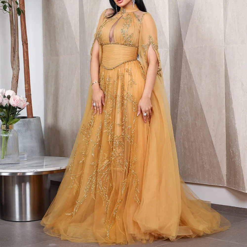 Abiti da sera formali personalizzati con collo alto Abiti moderni in pizzo con paillettes Pieghe Abito da ballo a trapezio Abito da festa lungo in tulle saudita