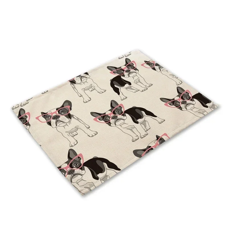 Pug Dog Pattern Cotton Linen Pad Dining Table Mats Coaster Bowl Cup Mat Pattern Kitchen Placemat 40*30cm  Decor Tea mats Trivet