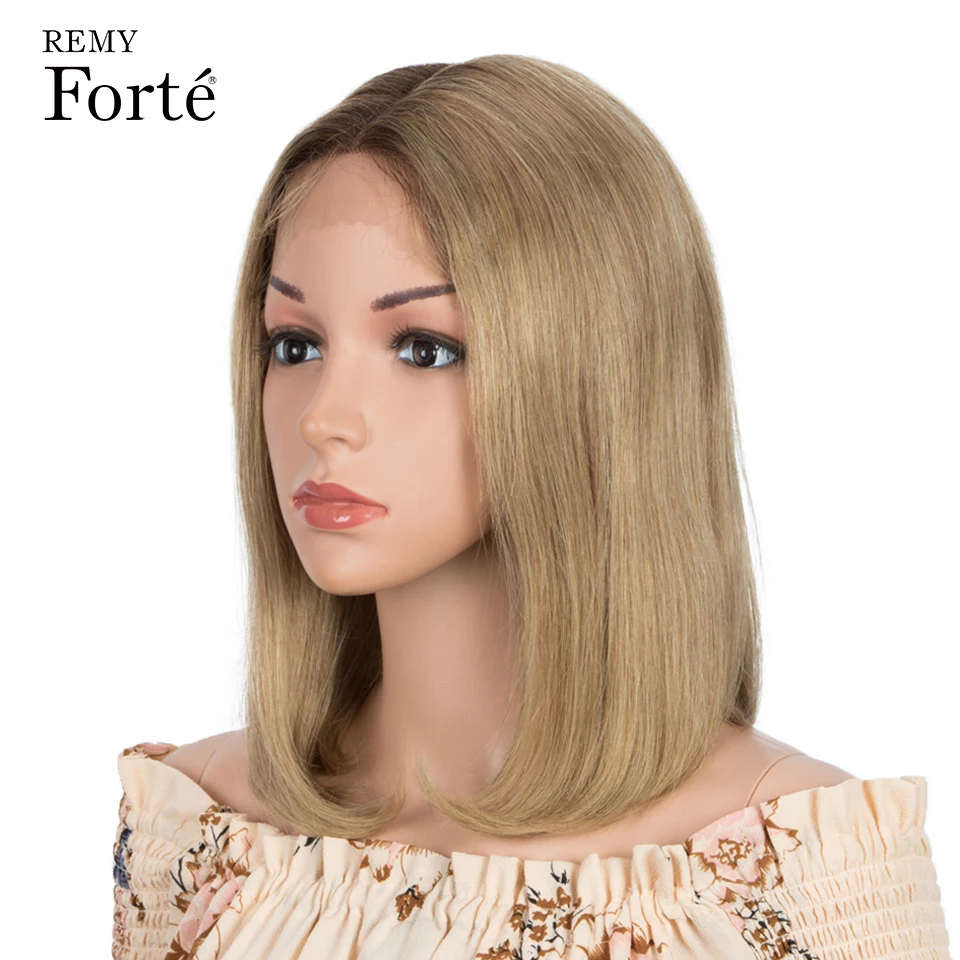 Perruque Bob Lace wig brésilienne Remy naturelle ombrée, cheveux courts, couleur or, blond, rose, rouge, avec racine, t-part, 180%, pour femmes