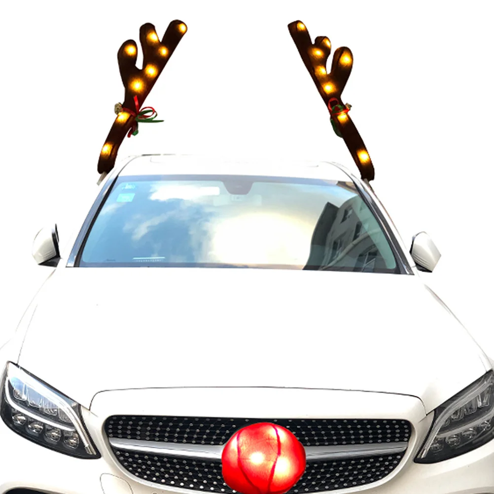 

1 Set Led Light Up Reindeer Antlers For Car Christmas Red Nose Vehicle Decor Kit Xmas Auto Accessories Reindeer Horns Car Kit