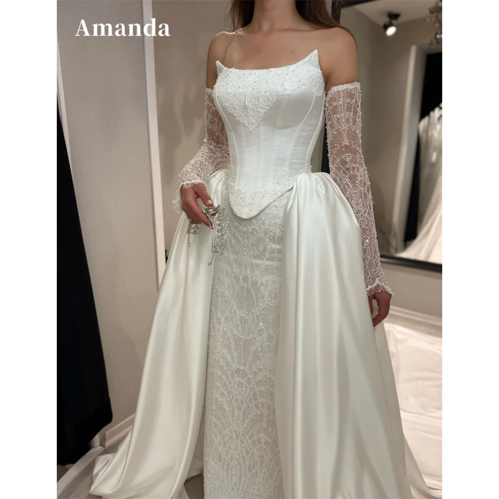 

Белое платье для выпускного вечера с кружевом и бисером Amanda по индивидуальному заказу, платье-футляр с прозрачными рукавами и съемным шлейфом, торжественное вечернее платье