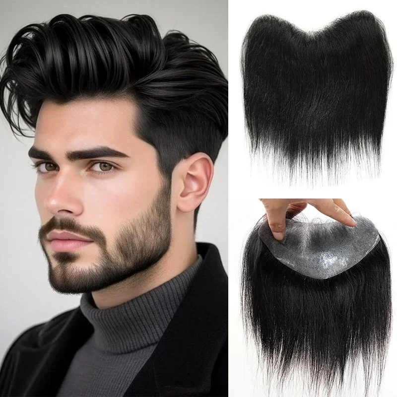 100% Human Hair 15cm Men Black PU V Loop Front Toupee Hairline Wigs Remy Hair Replacement Straight Hairpiece 6inches