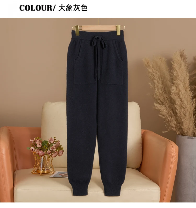 Women's Knitted 100% Wool Pants with Double Pockets and Elastic Waistband for Autumn and Winter, High Stretch Sports Style Pants