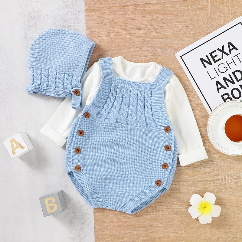 Baby Bodysuits Clothes Spring Autumn Sleeveless Knitting Newborn Boys Girls Solid Onesie Hats Sets 2pcs Infant Coveralls Outfits