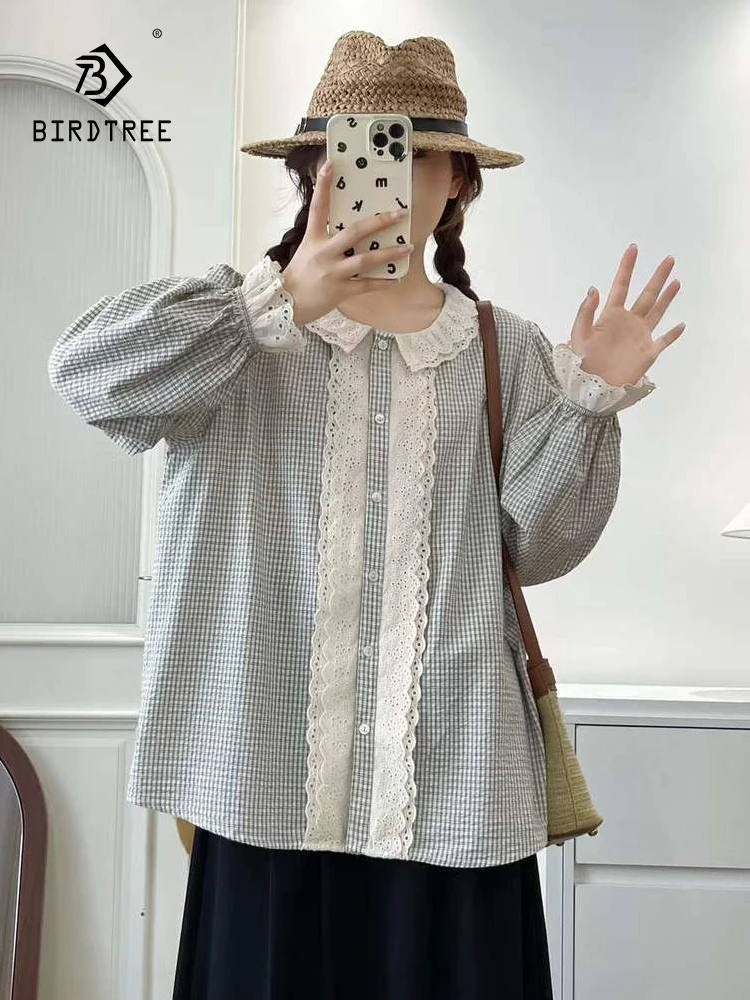 

New 2025 Autumn Cotton Long Sleeve Shirt, Women Turn-down Collar Plaid Ruffles, Mori Girl French Commute Loose Blouse T57084CC