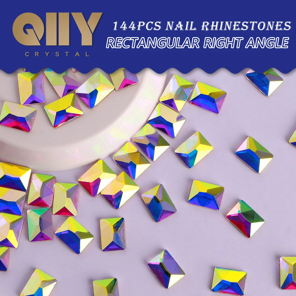 

QIIY 144Pcs Rectangular Right Angle Glass Rhinestones Flatback Strass Glitter Stones For Nail Art Accessories DIY Decoration
