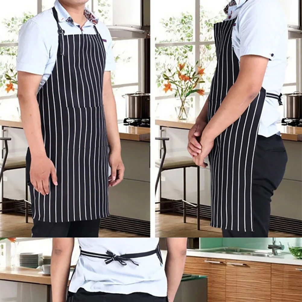 Adjustable Half-length Adult Apron Striped Restaurant Chef Apron Outdoor Camping BBQ Picnic Kitchen Cook Apron With 2 Pockets